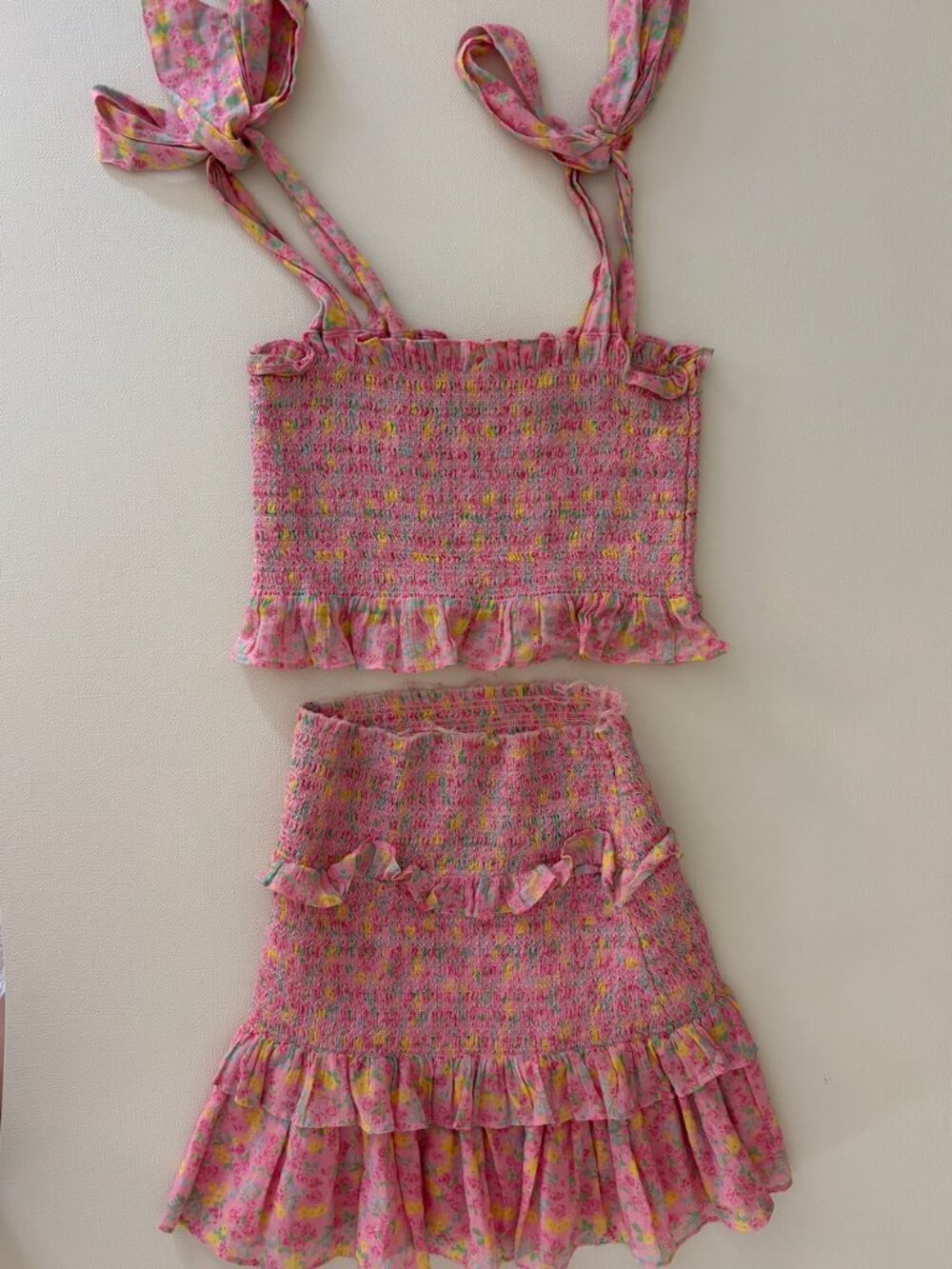 LoveShackFancy Pink Floral Smocked Crop Top Skirt Set XS